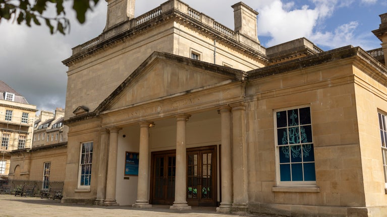 Close-up of the main entrance to Bath Assembly Rooms showing the columns and front doors.